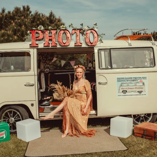 Vintage VW camper photo booth dressed for a wedding at Woodhill Weddings, Faversham, Kent